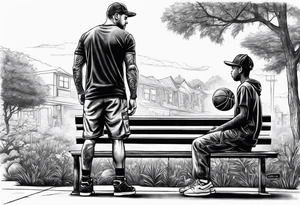 man standing handing a basketball to kid on a bench tattoo idea