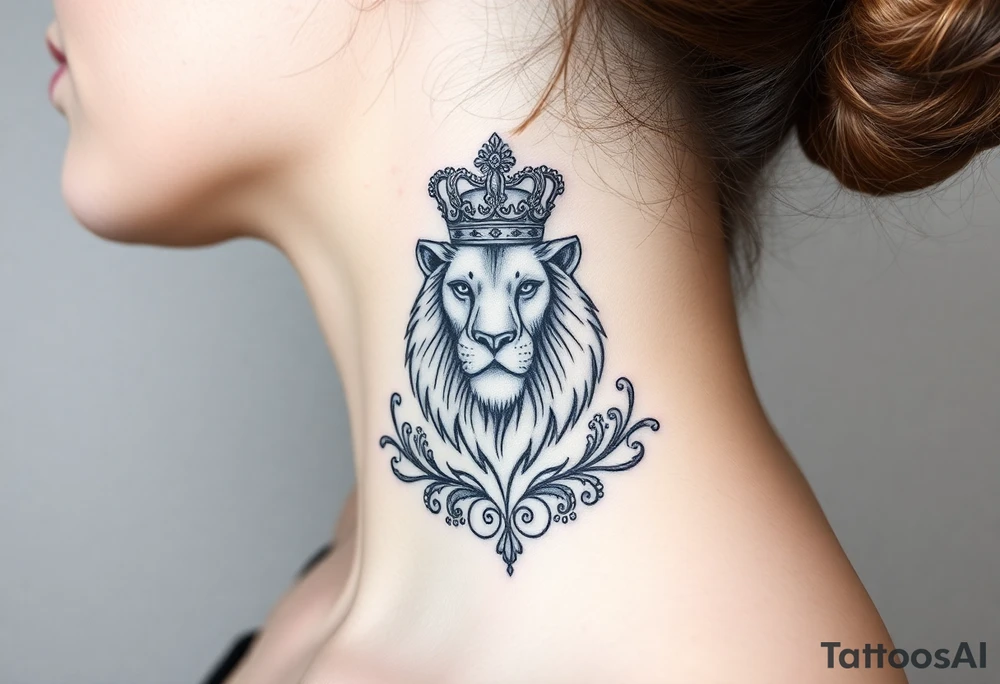 majestic lion wearing ornate crown, surrounded by baroque flourishes tattoo idea