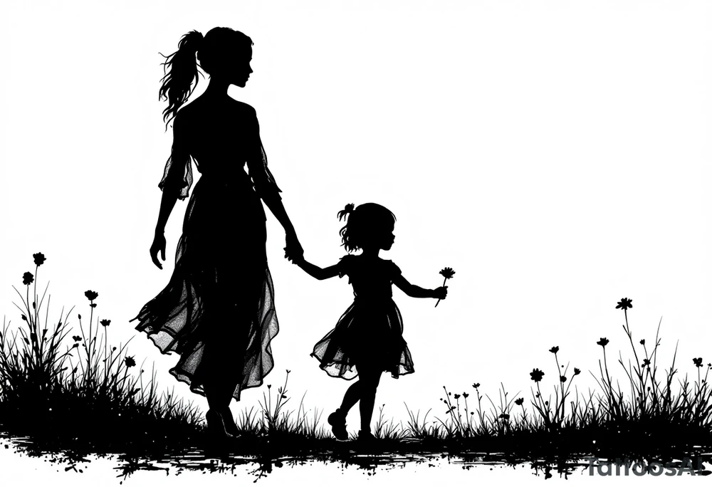 A black silhouette of a mother and young daughter walking hand in hand, the daughter holding a flower, with soft gray shading to suggest a sunset background. tattoo idea