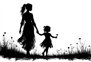 A black silhouette of a mother and young daughter walking hand in hand, the daughter holding a flower, with soft gray shading to suggest a sunset background. tattoo idea
