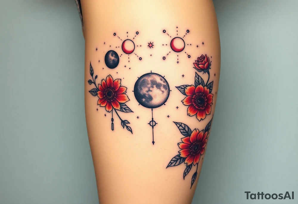 Milky way galaxy .. planets with zodiac symbols and protection runes with red roses and sunflowers tattoo idea
