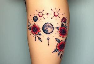 Milky way galaxy .. planets with zodiac symbols and protection runes with red roses and sunflowers tattoo idea
