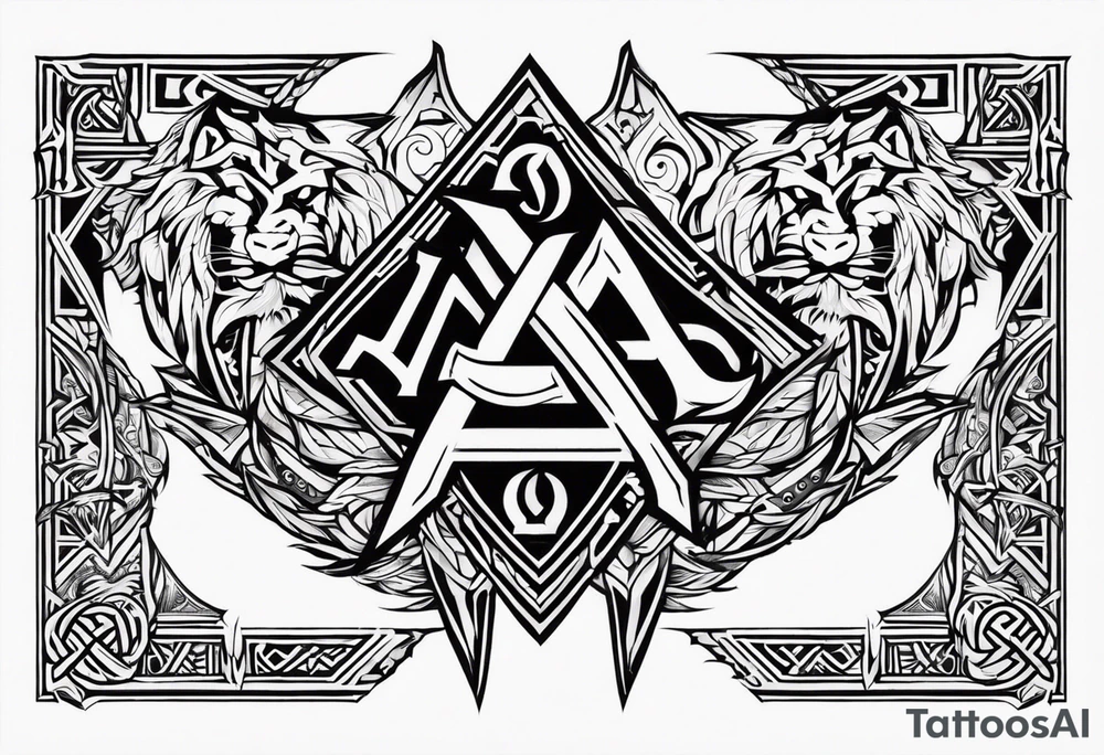 Valhalla sword shield dragon axe Valknut tribal lion tattoo idea