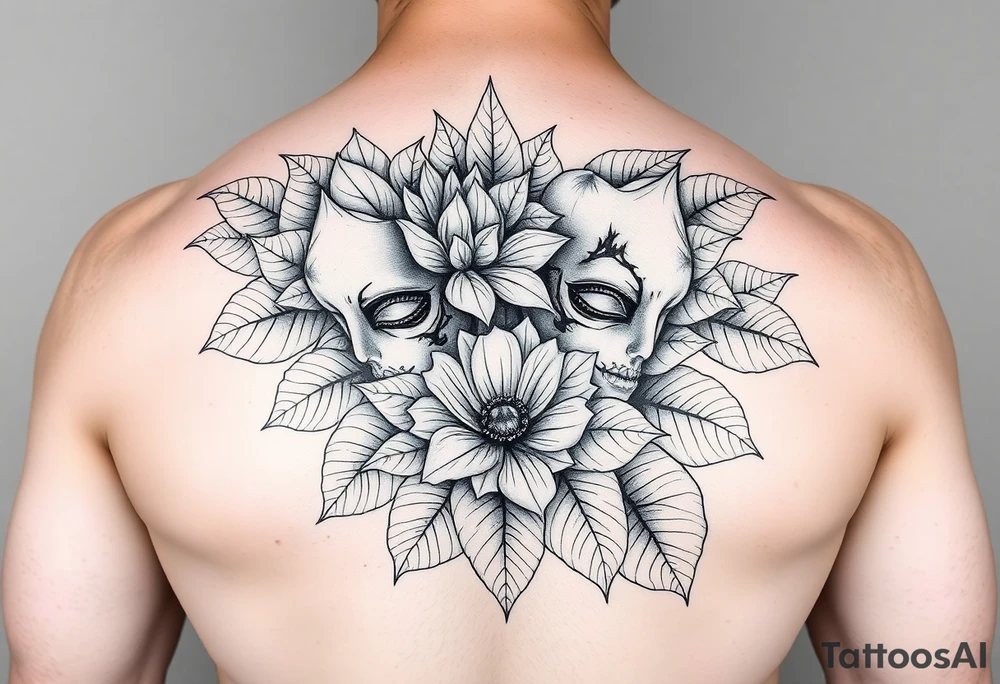 Full arm sleeve men’s lotus flower and leaves with Venetian masks tattoo idea
