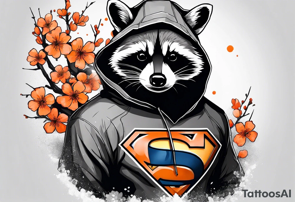 raccoon wearing a black and white Superman hoodie and orange Japanese cherry blossoms tattoo idea