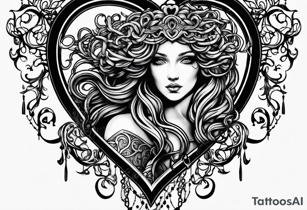 Gothic Medusa inside of a heart blackwork tattoo idea