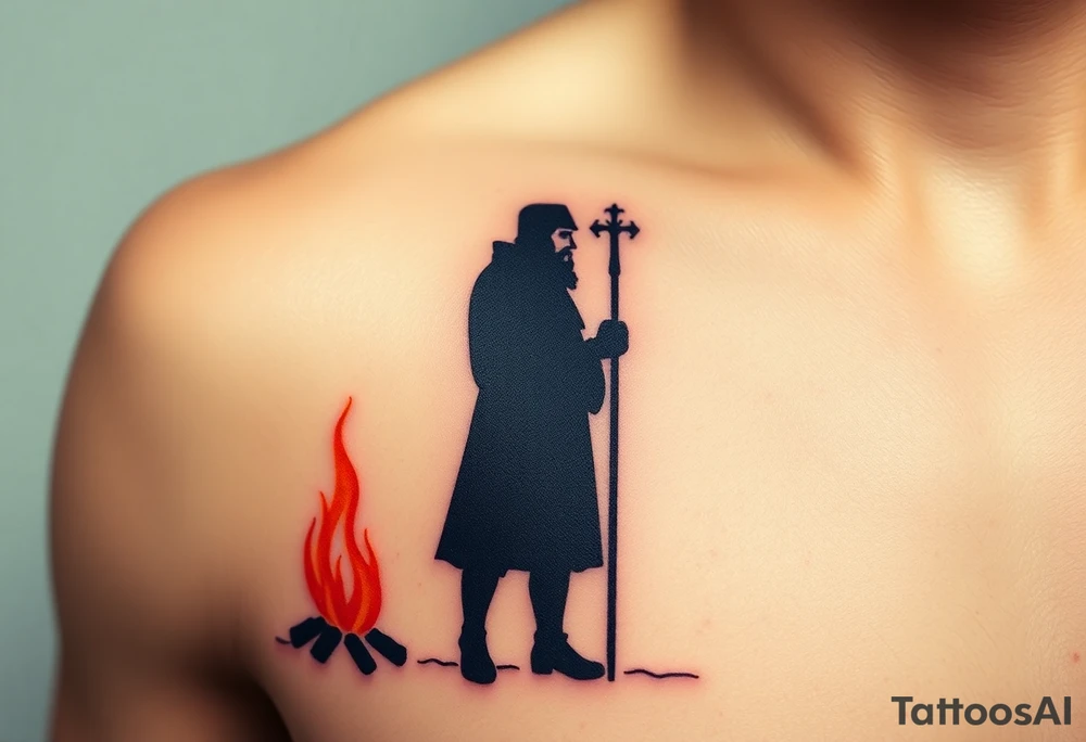 A silhouette of Jan Hus standing next to a bonfire, with fiery orange and red shades tattoo idea