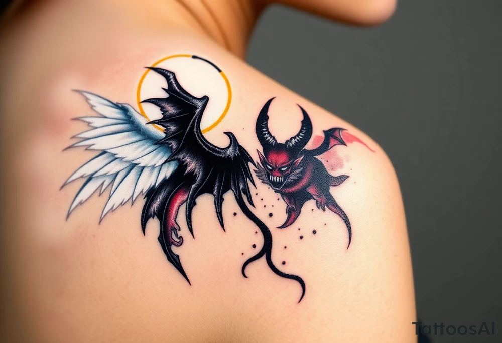 A radiant angel, with soft white wings and a glowing halo, surrounded by light, juxtaposed against a dark demon, with jagged black wings and fiery red eyes, symbolizing the ultimate conflict between good and evil. tattoo idea