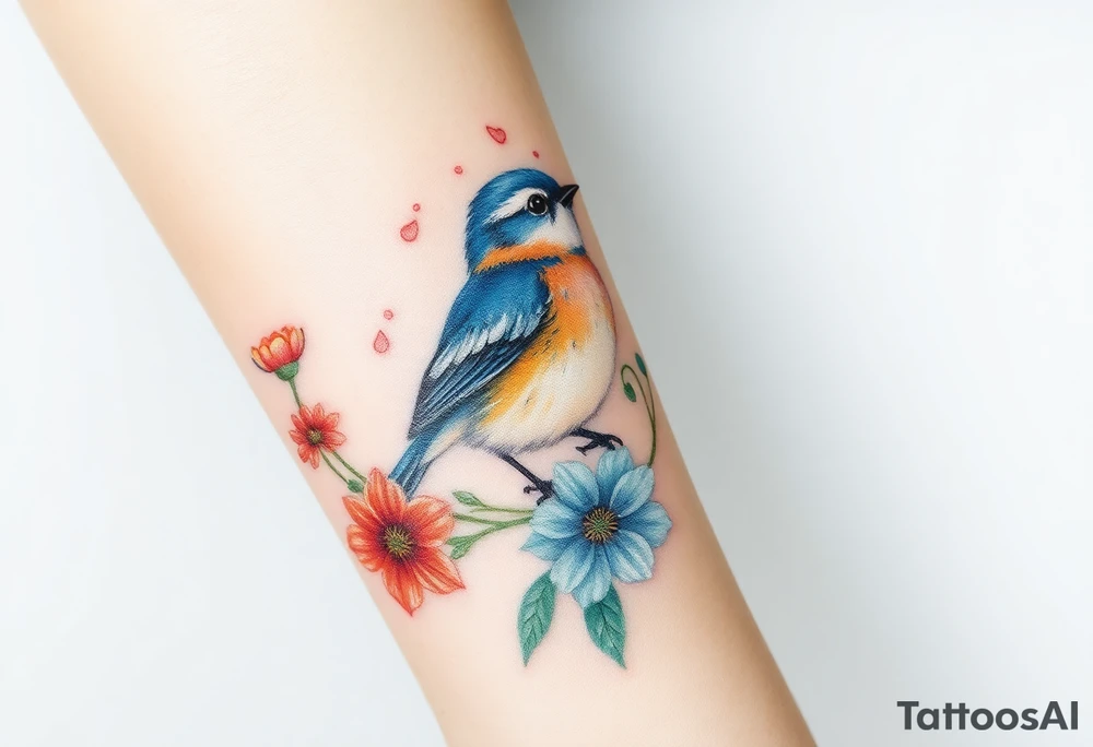 Puffy bluebird surrounded by wild flowers tattoo idea