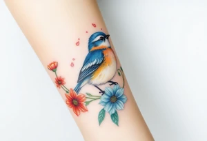 Puffy bluebird surrounded by wild flowers tattoo idea