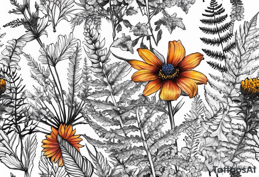 saturated mixed wildflower with ferns and with color tattoo idea