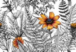 saturated mixed wildflower with ferns and with color tattoo idea