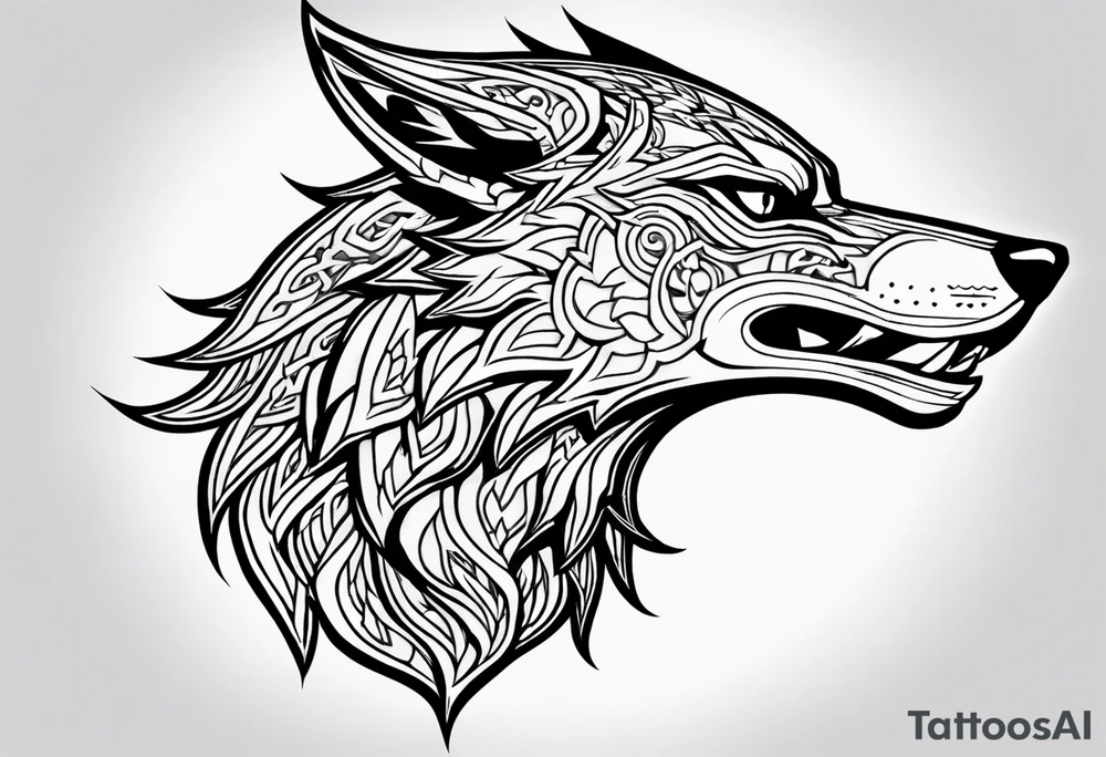 Legend of zelda link wolf head that is in profile with mouth open, this should be the bottom of the tatoo on a bicep , the top should transition in through his mane on top and it should be an ouroborus (dragon not snake) surrounding vegvisr tattoo idea