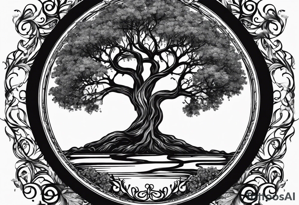 circle of life tree with the roots of the tree wrapped around a hour glass tattoo idea