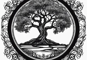 circle of life tree with the roots of the tree wrapped around a hour glass tattoo idea