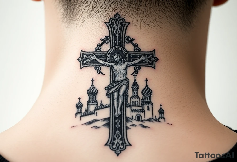Traditional orthodox ICXC Christian cross with an orthodox Jesus Christ on the cross in a wilderness Russian Kremlin setting tattoo idea