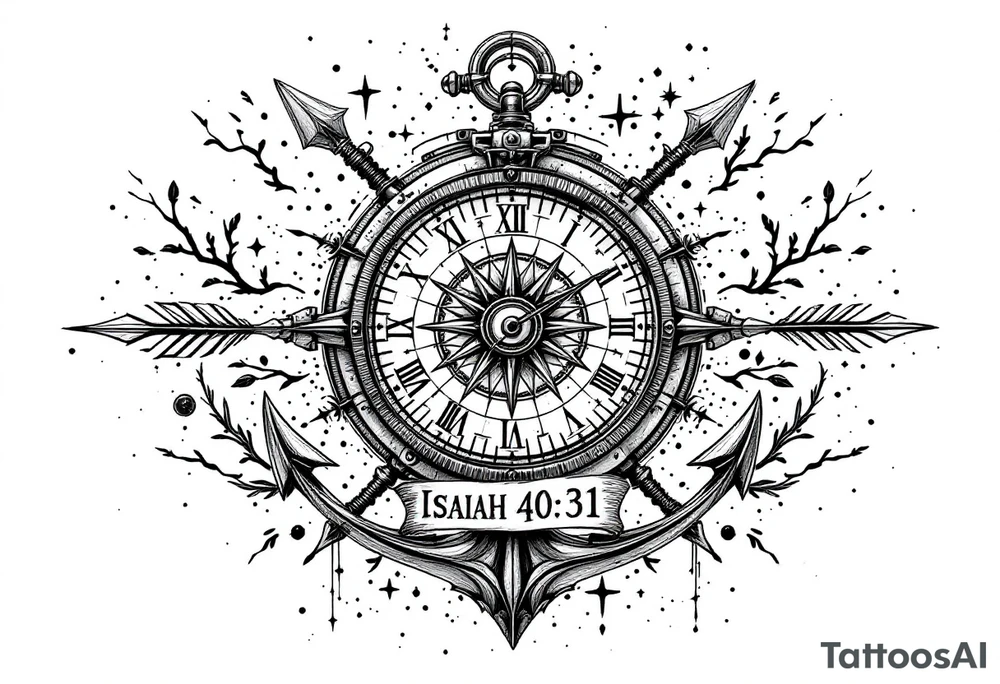 steampunk half compass half clock with a full-length arrow and anchor saying "Isaiah 40:31" tattoo idea