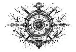 steampunk half compass half clock with a full-length arrow and anchor saying "Isaiah 40:31" tattoo idea