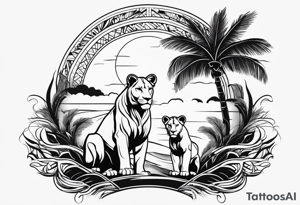 lioness and cub sun palm tree tattoo idea