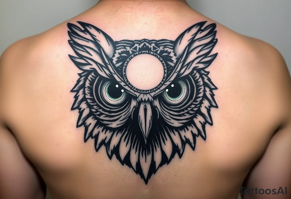 Owl head with large intense tripping on acid colored eyes with cyberpunk style  and geometry and glowing circle on the forhead without pupil tattoo idea