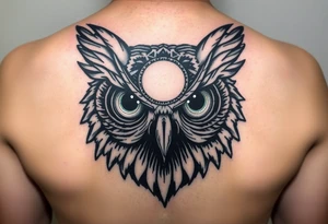 Owl head with large intense tripping on acid colored eyes with cyberpunk style  and geometry and glowing circle on the forhead without pupil tattoo idea