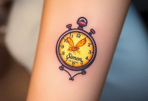 A glowing firefly trapped inside a small clock with baby´s name "Simon" and date "14. 05. 02016", symbolizing the magic of childhood, in warm yellow and soft amber. tattoo idea