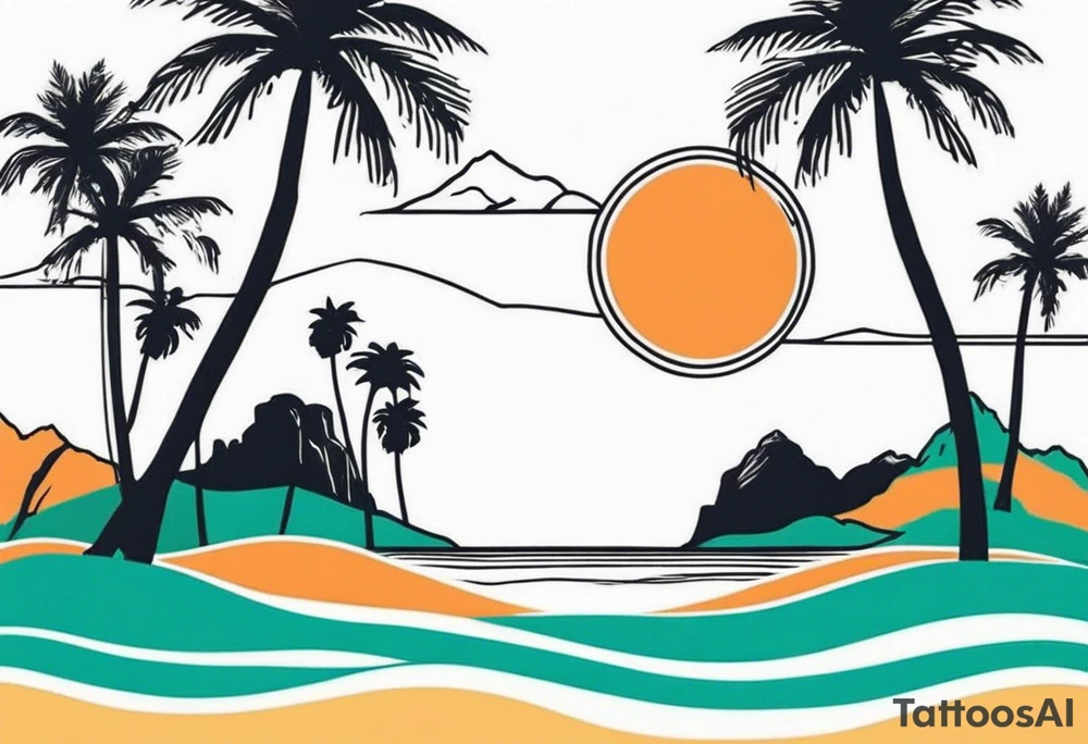 Gradual transition from evergreen trees to Joshua trees to palm trees to a Hawaiian beach tattoo idea