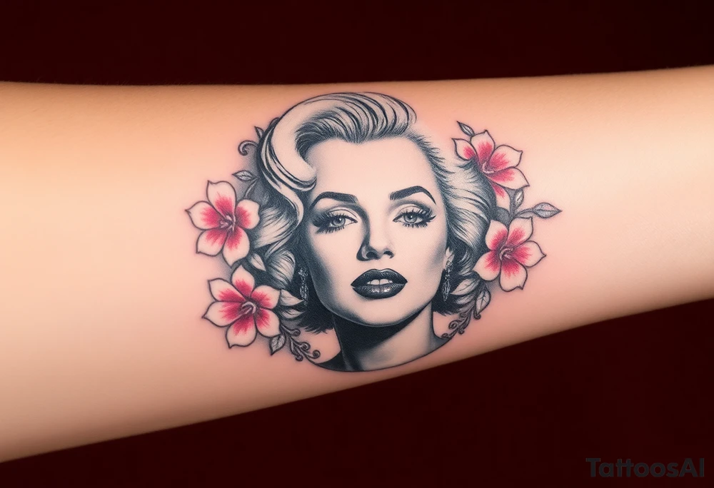A romantic Marilyn Monroe portrait in soft grayscale, framed by delicate pink peonies and silver filigree. tattoo idea