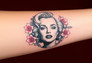 A romantic Marilyn Monroe portrait in soft grayscale, framed by delicate pink peonies and silver filigree. tattoo idea