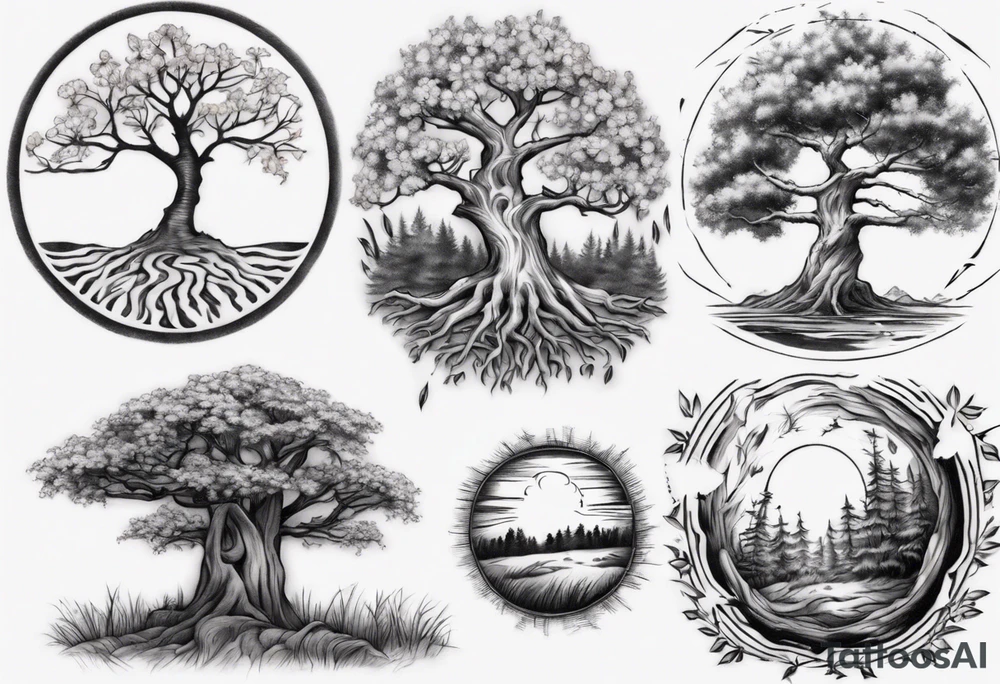 Small spring beside a oka tree plus sun in the tree trunk tattoo idea