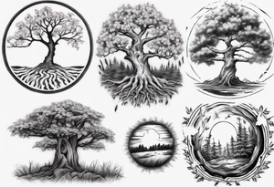 Small spring beside a oka tree plus sun in the tree trunk tattoo idea