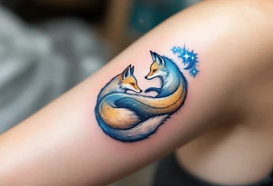 Two twin foxes curled around a glowing Gemini glyph, their fur blending into a cosmic blue and golden gradient tattoo idea