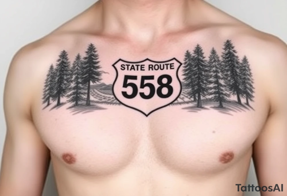 Arm sleeve small State Route sign 558, with trees all around and farm in background, road w/ view in English tattoo idea