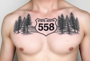 Arm sleeve small State Route sign 558, with trees all around and farm in background, road w/ view in English tattoo idea