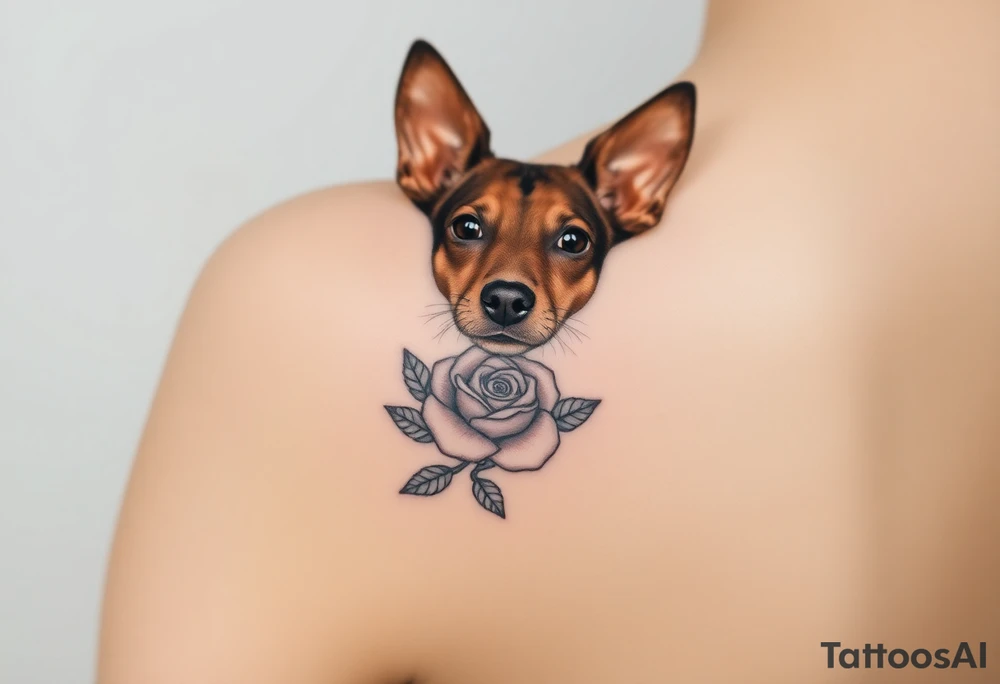 female  hound dog mix Brindle dog with the name kiwi . And a tiny rose around her . With her ears pointy a little big tattoo idea