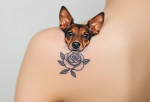 female  hound dog mix Brindle dog with the name kiwi . And a tiny rose around her . With her ears pointy a little big tattoo idea