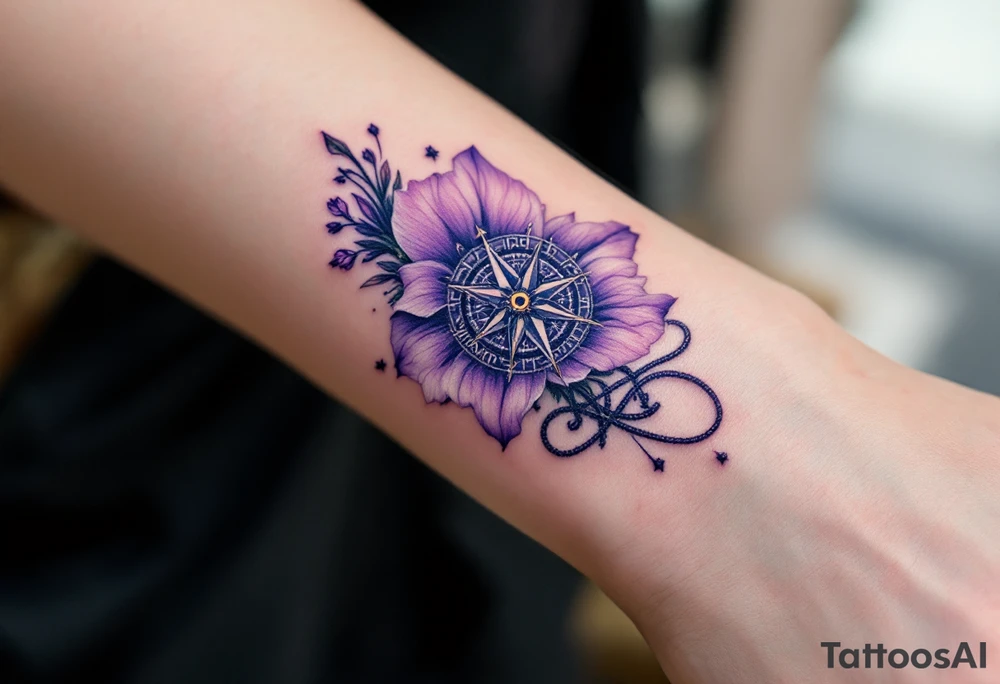 A single Violet with detailed compass at its center representing feminine power including an ankh and Celtic knot tattoo idea