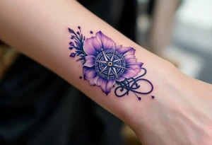 A single Violet with detailed compass at its center representing feminine power including an ankh and Celtic knot tattoo idea