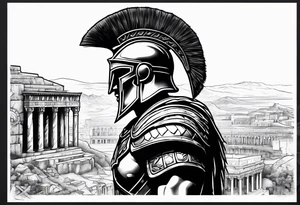 Side profile Spartan Solider ancient roman city in the background tattoo idea