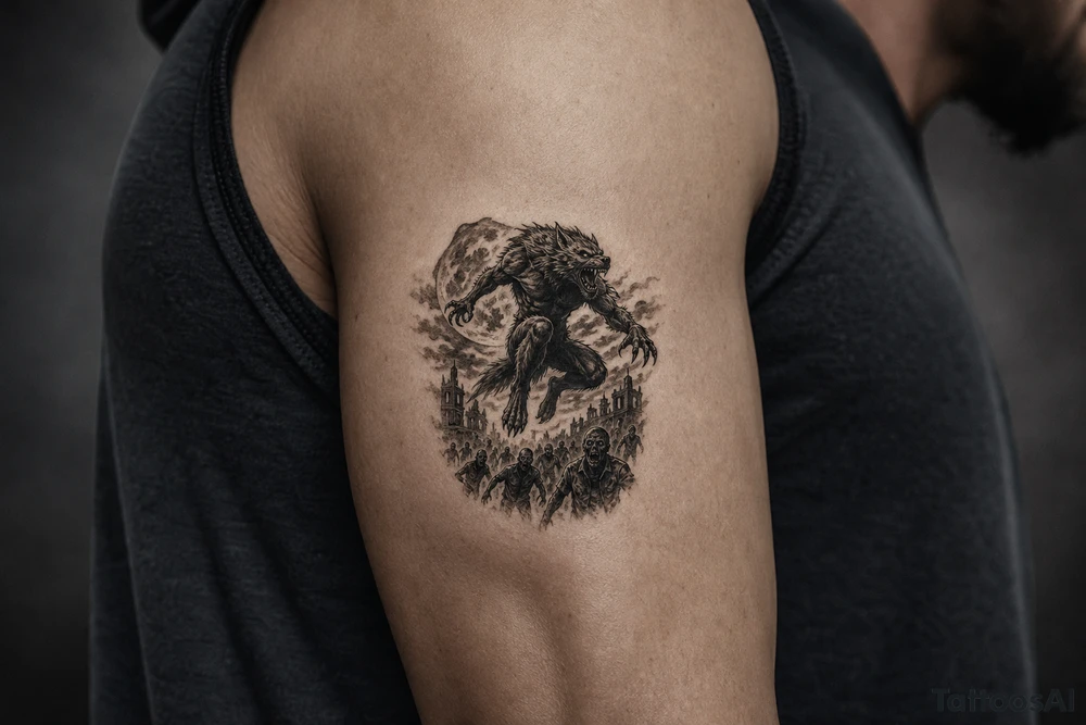 Dynamic silhouette of a werewolf jumping, with a distant zombie horde below. tattoo idea