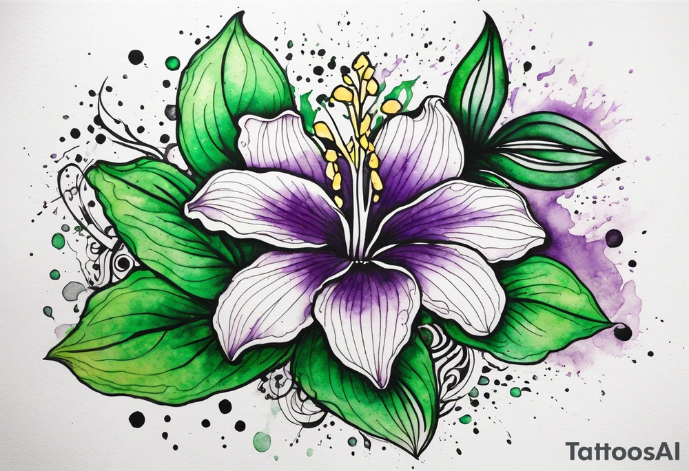 An outline of a rio dipladenia flower with a mystical green/purple watercolor splash in the background tattoo idea