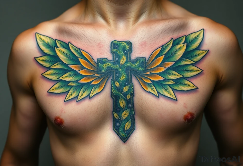 A moss-covered stone cross, with soft green and gold wings resembling leaves in autumn tattoo idea