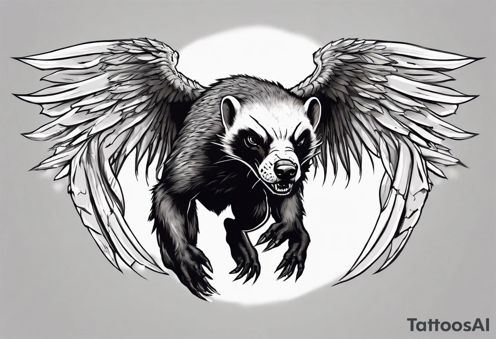 Angry, snarling, detailed forward-facing honey badger against the background of large wings made of bones tattoo idea