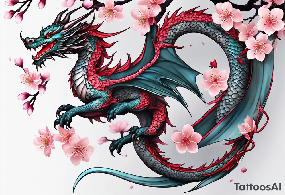 Delicate feminine simple dragon intertwined in cherry blossom, soft lines, soft dragon, pleasant dragon, beautiful cherry blossom tattoo idea