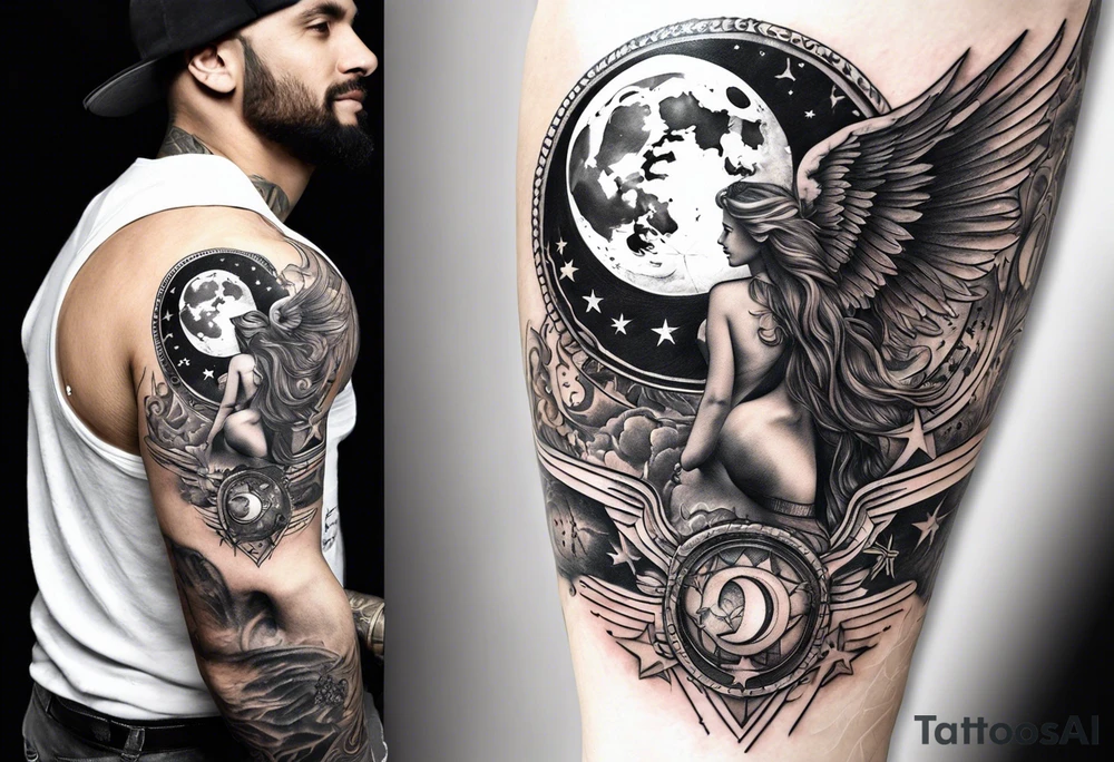 Collage for full left arm sleeve with:
a sun with a quarter moon,
2 stars,
bass guitar,
caduceus symbol tattoo idea