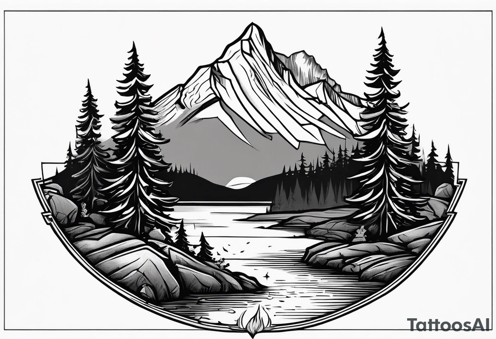 Small campfire in the center, right side: an evergreen tall tree, left side: mountain stream tattoo idea