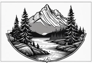 Small campfire in the center, right side: an evergreen tall tree, left side: mountain stream tattoo idea