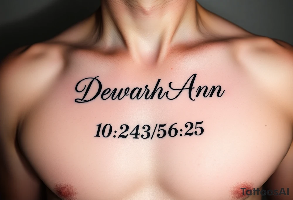 Deborah Ann in cursive in chest with 10/23/56-25 on the bottom but in Roman numerals tattoo idea
