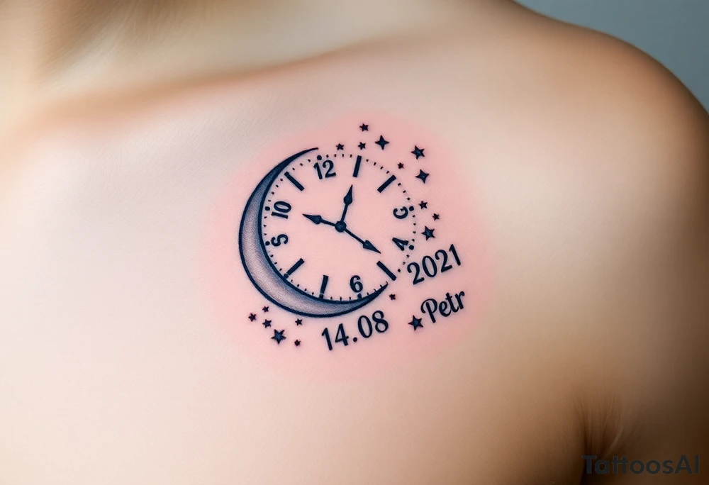 A minimalist crescent moon clock, surrounded by stardust and the child’s birth date "14. 08. 2021" and name "Petr" written in the stars, in midnight blue and silver tattoo idea