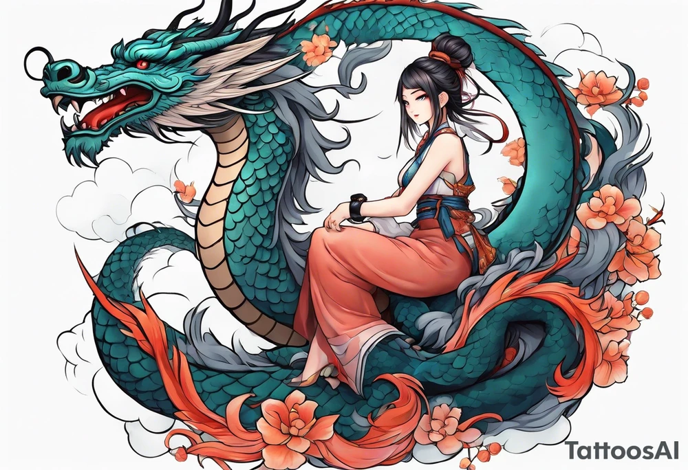 american traditional style, an anime girl sitting on a asian dragon surrounded by cloud tattoo idea